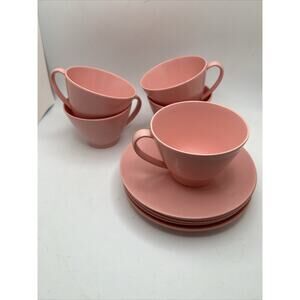 Vintage 50s Pink Lenotex Melamine Melmac Coffee/Tea Cups and Saucers Set Of 5